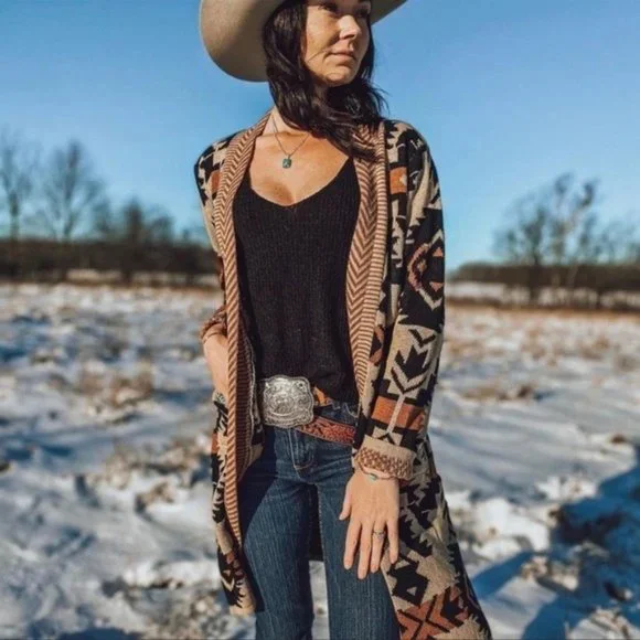 Long Tribal Print Cardigan Boho Aztec Sweater Western Pocketed Belted - Picture 1 of 6